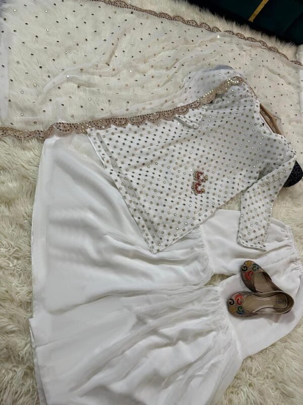 Stunning Women’s Stitched Gharara Shirt Set - Chiffon Sequins Embroidered - 3 Pcs in White