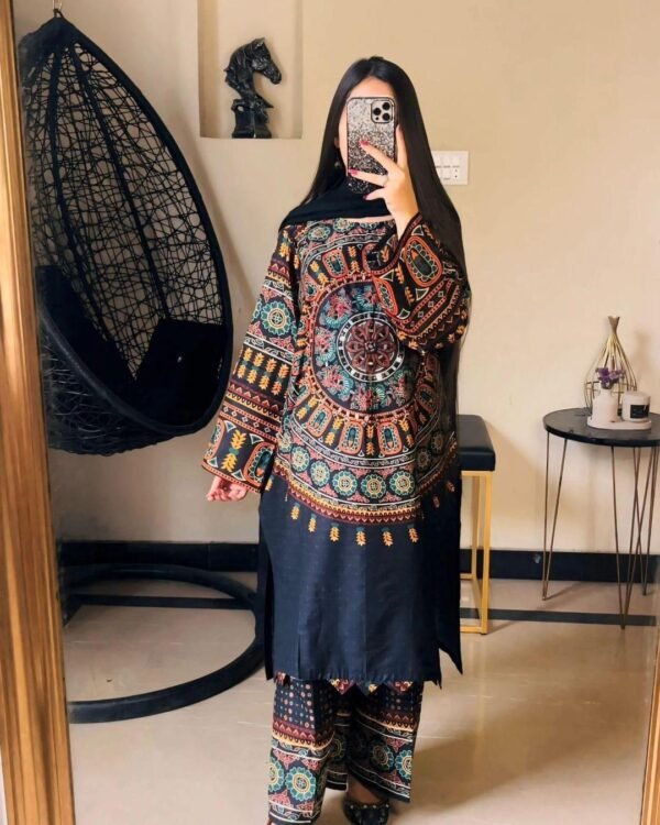 2 Pcs Women's Stitched Mirror Work Shirt And Trouser