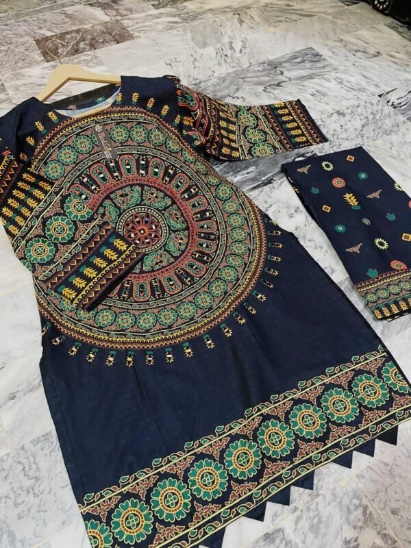 2 Pcs Women's Stitched Mirror Work Shirt And Trouser