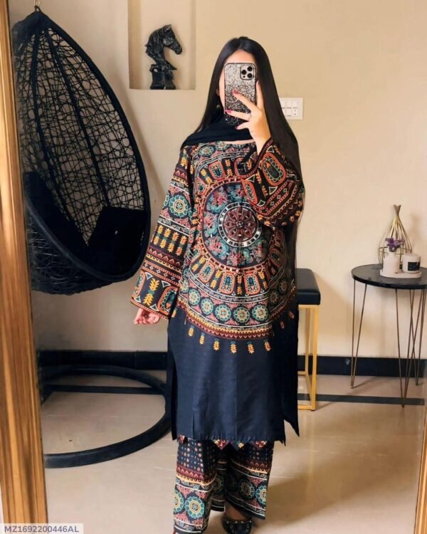 2 Pcs Women's Stitched Mirror Work Shirt And Trouser