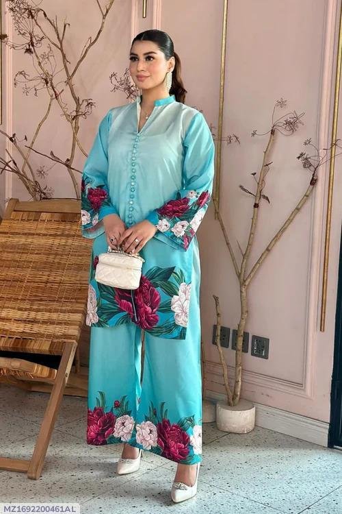 2 Pcs Women's Stitched Printed Shirt And Trouser