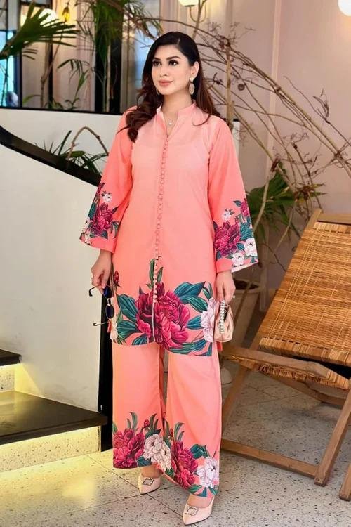 2 Pcs Women's Stitched Printed Shirt And Trouser