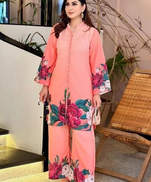 2 Pcs Women's Stitched Printed Shirt And Trouser