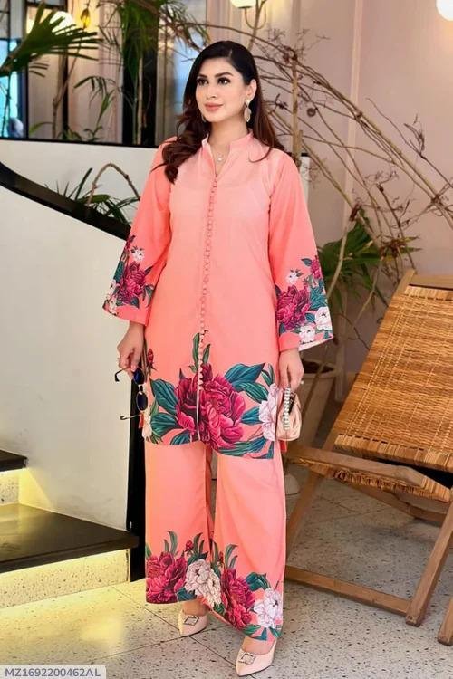 2 Pcs Women's Stitched Printed Shirt And Trouser