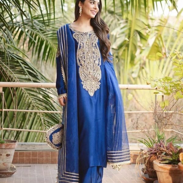 3 Pcs Women's Unstitched Fancy Katan Silk Embroidered Suit