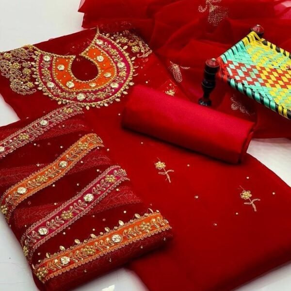 3 Pcs Women's Unstitched Fancy Organza Mirror Work Embroidered Suit