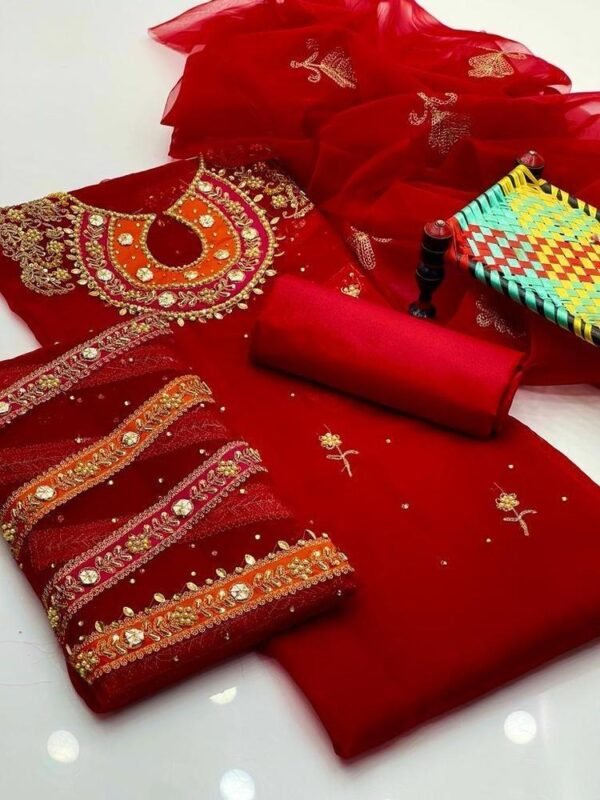 3 Pcs Women's Unstitched Fancy Organza Mirror Work Embroidered Suit