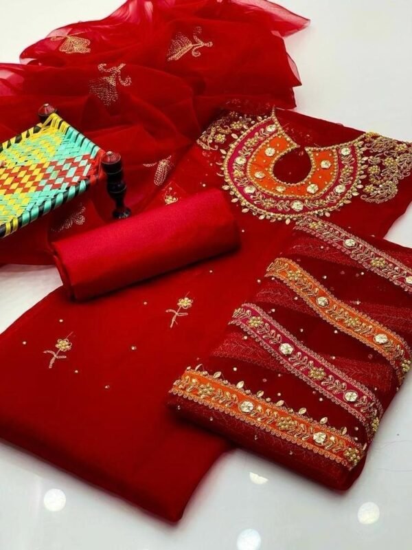 3 Pcs Women's Unstitched Fancy Organza Mirror Work Embroidered Suit