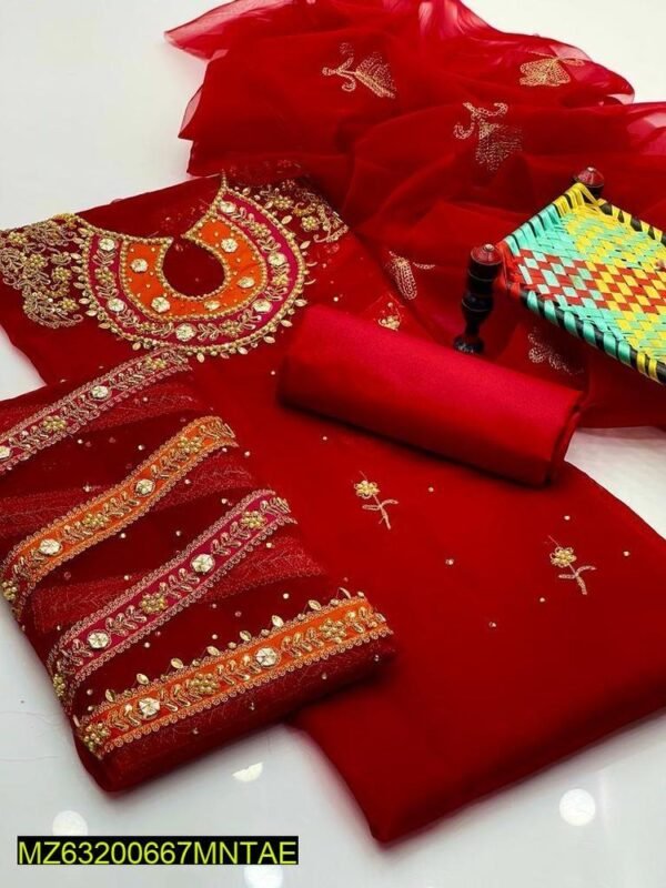 3 Pcs Women's Unstitched Fancy Organza Mirror Work Embroidered Suit