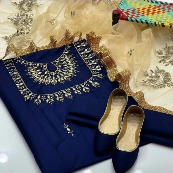 3 Pcs Women's Unstitched Fancy Katan Silk Embroidered Suit