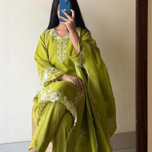 3 Pcs Women's Stitched Fancy Organza Embroidered Suit