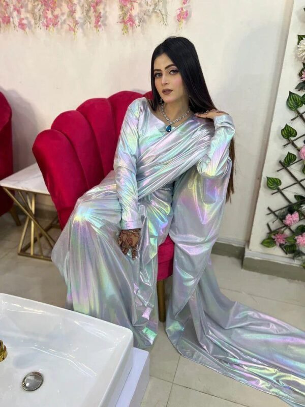 Stitched Saree in Silver Moonlight Fabric - 1 Pc with Blouse