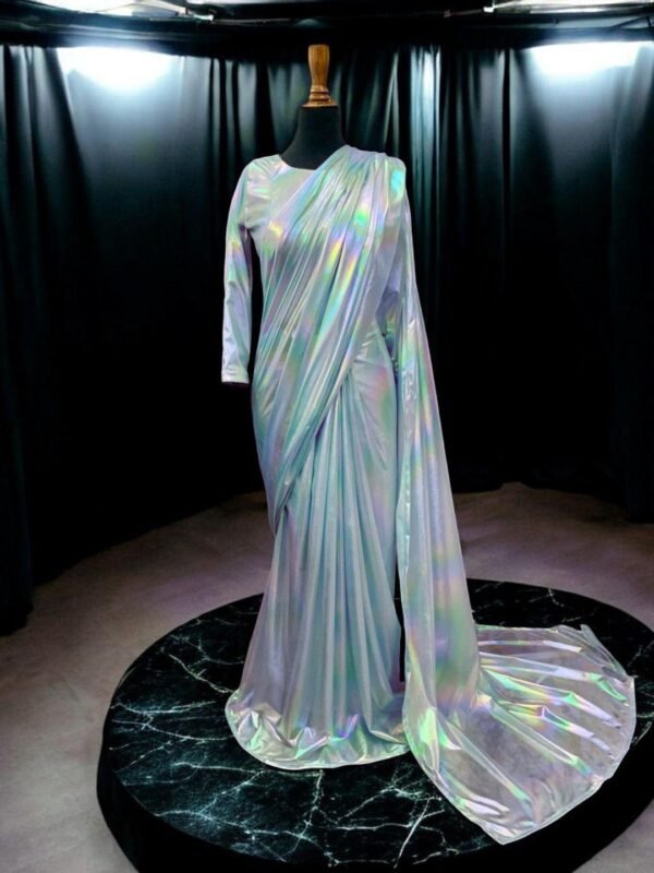 Stitched Saree in Silver Moonlight Fabric - 1 Pc with Blouse