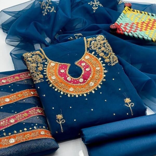 3 Pcs Women's Unstitched Fancy Organza Cut-work Embroidered Suit