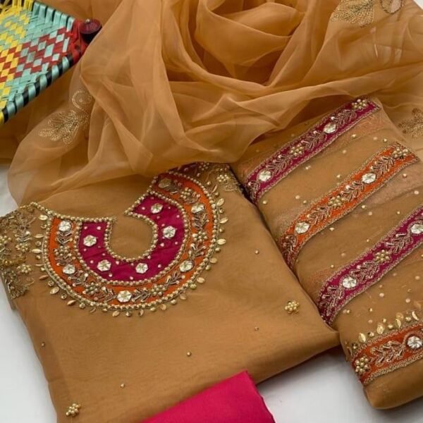 3 Pcs Women's Unstitched Fancy Organza Cut-work Embroidered Suit