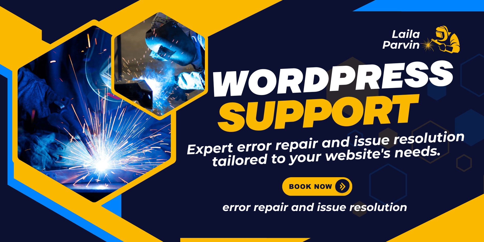 Blue and Yellow Geometric Welding Services Banner