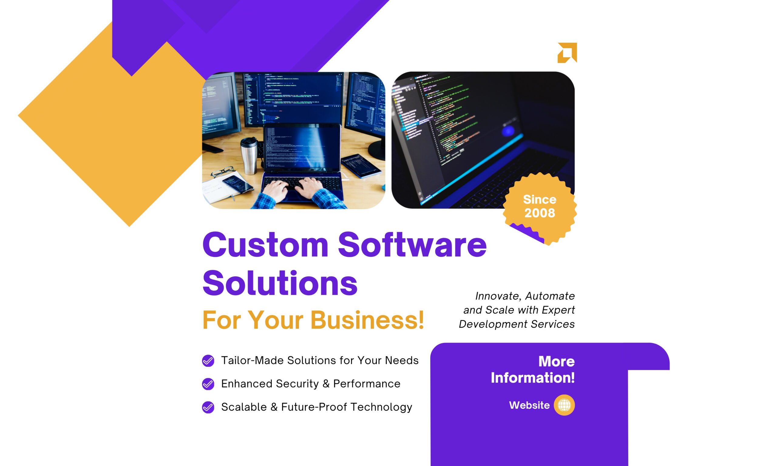 Purple and Yellow Modern Software Development Services LinkedIn Post (1280 x 768 px)