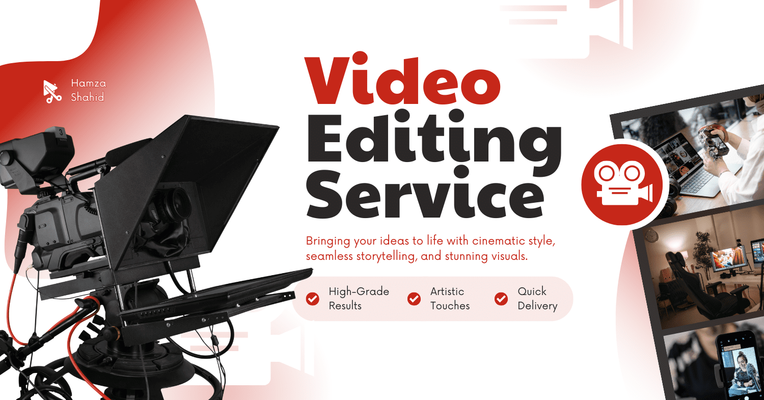 Red and White Modern Video Editing Services Facebook Ad