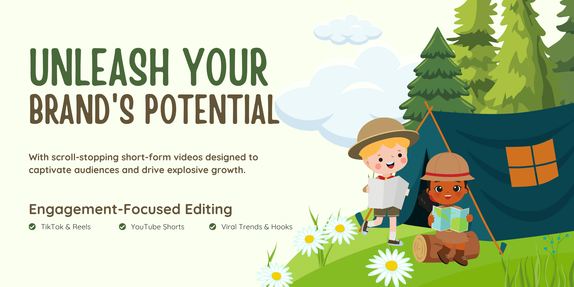 Cream and Green Illustration Summer Camp Banner Landscape