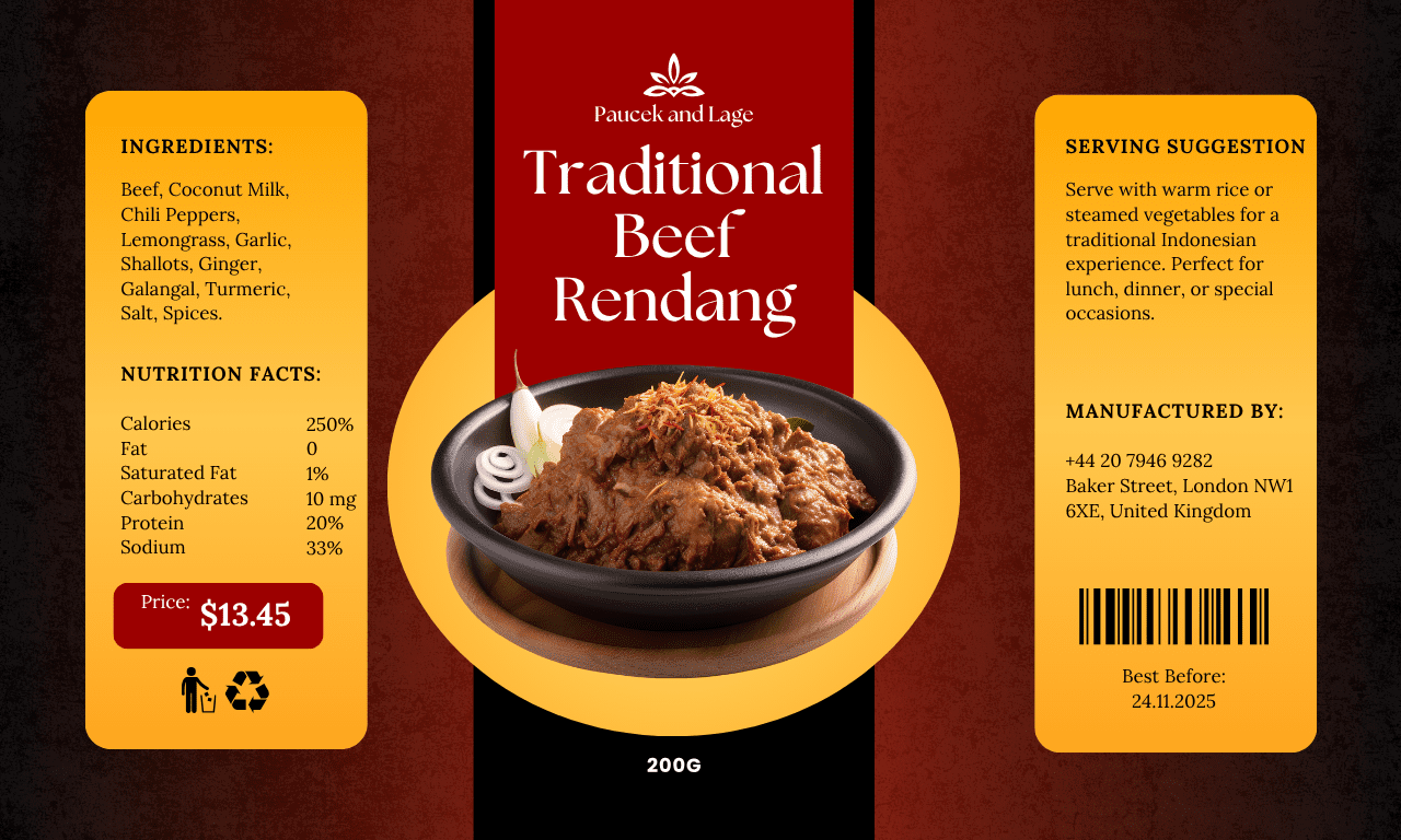 Red and Black Traditional Beef Rendang Label